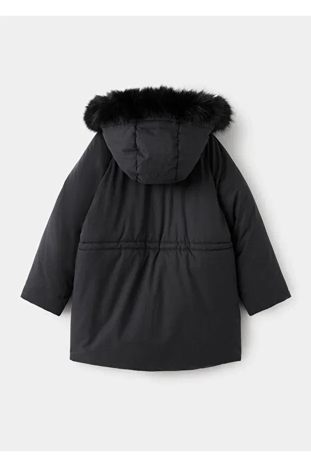 Детское пальто для девочек из искусственного меха с капюшоном Mango Kids, Black — фото 4