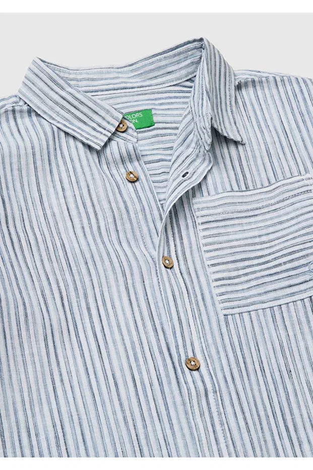 Детская рубашка для мальчиков с принтом Ice Blue Logo Embroidered Striped Classic Collar Shirt With Pockets And Wooden Buttons United Colors Of Benetton, Ice Blue — фото 3