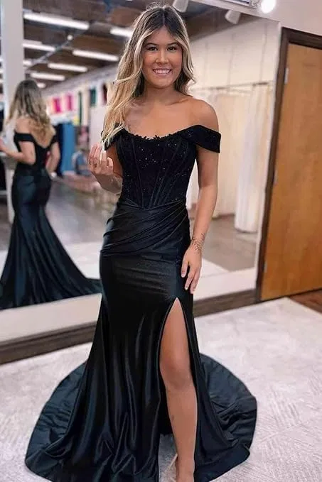 Женское вечернее платье с корсетом и разрезом Satin Applique Off Shoulder, Rose Gold — фото 4