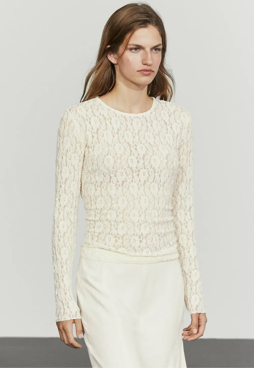 Футболка-Блузка с длинными рукавами и кружевной отделкой Massimo Dutti, Beige