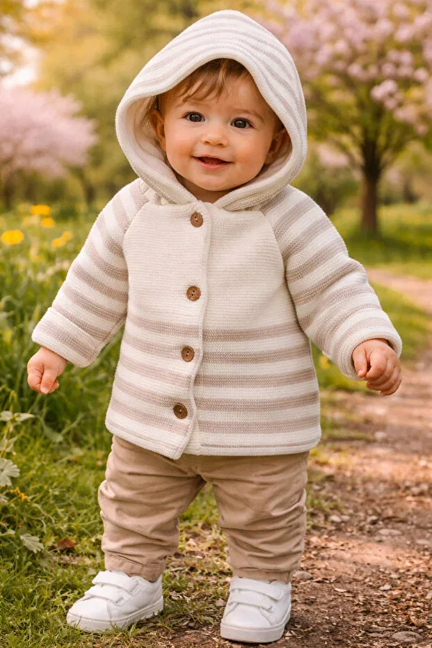 Детский кардиган для девочек с длинным рукавом Biancofiglio, White With Cream Stripes
