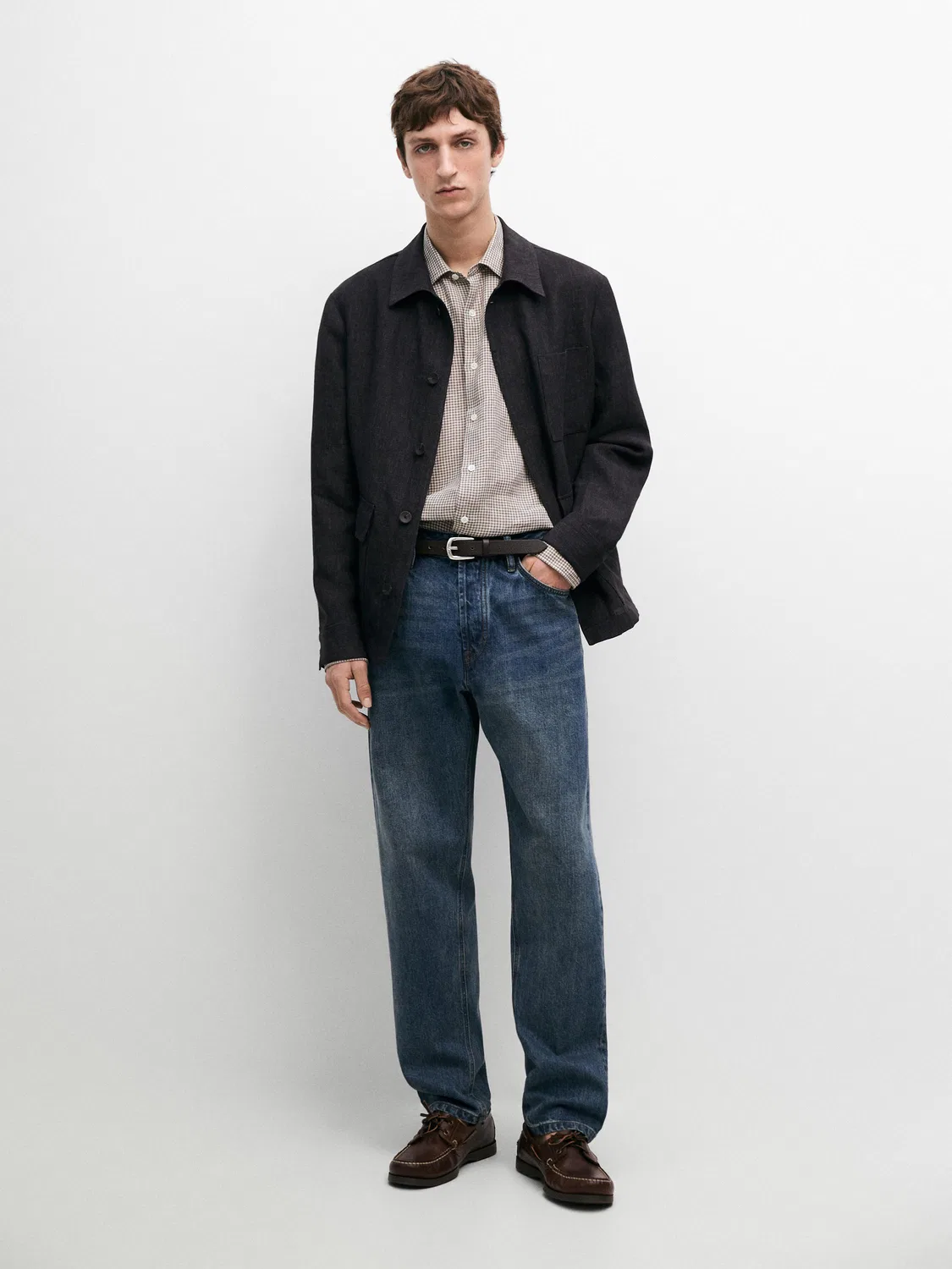 Льняной жакет в стиле «тотальный образ» с вкраплениями Massimo Dutti, темно-синий