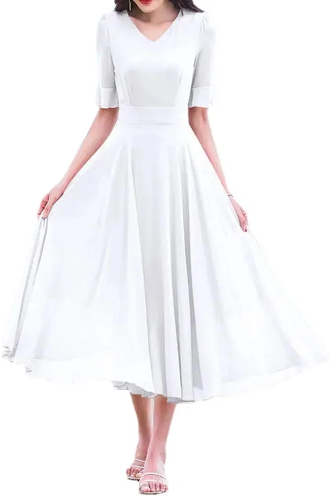 Женское короткое платье шифон V-образный вырез Casual White