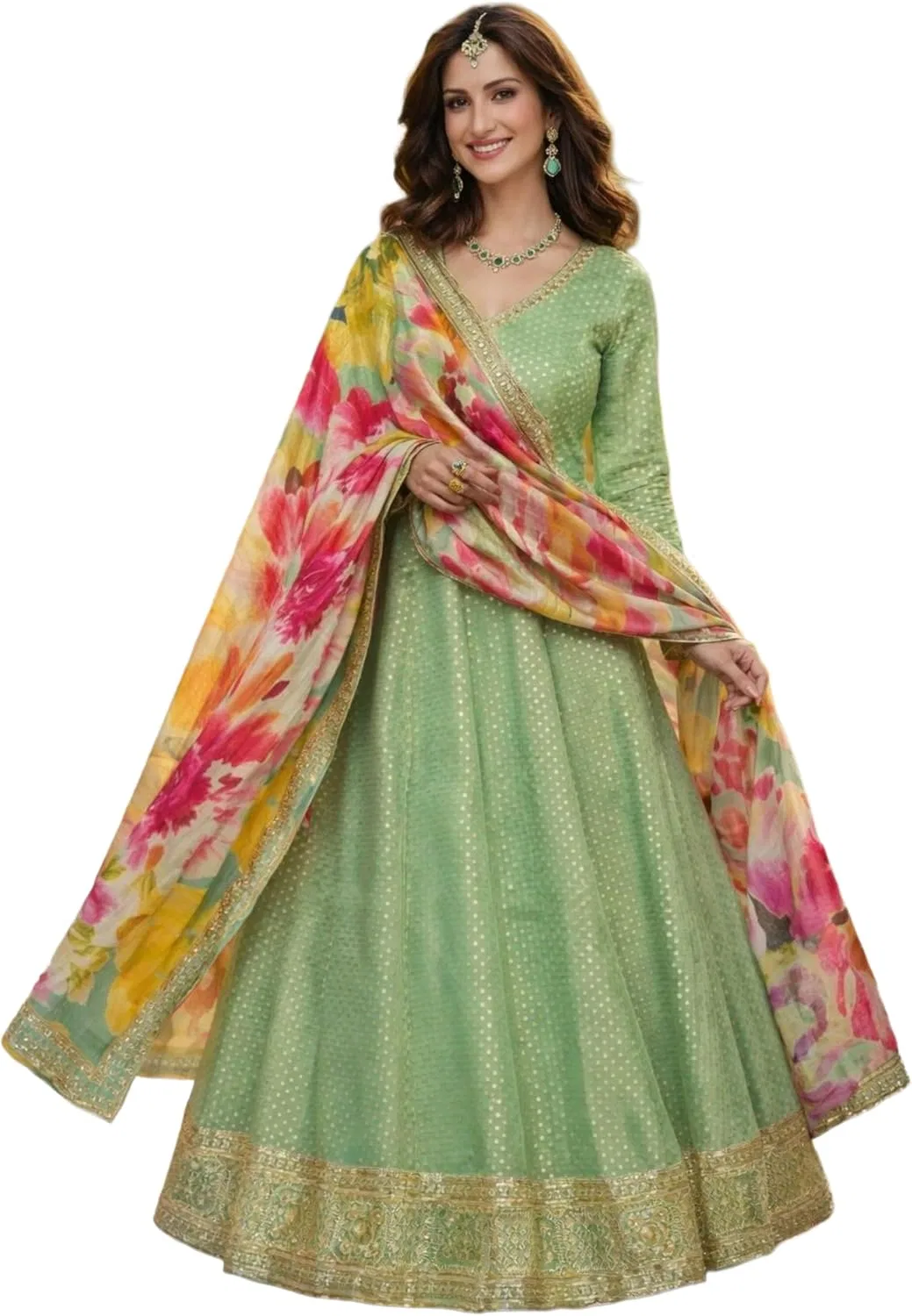 Женское платье из шелка с вышивкой, Anarkali Suit, зелёный