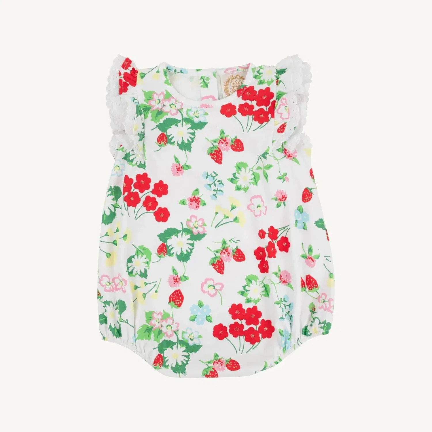 Детский боди-комбинезон с оборками и рукавами-крылышками Ruehling Ruffle Pima Bubble The Beaufort Bonnet Company, Berry Sweet/Worth Ave White — фото 3