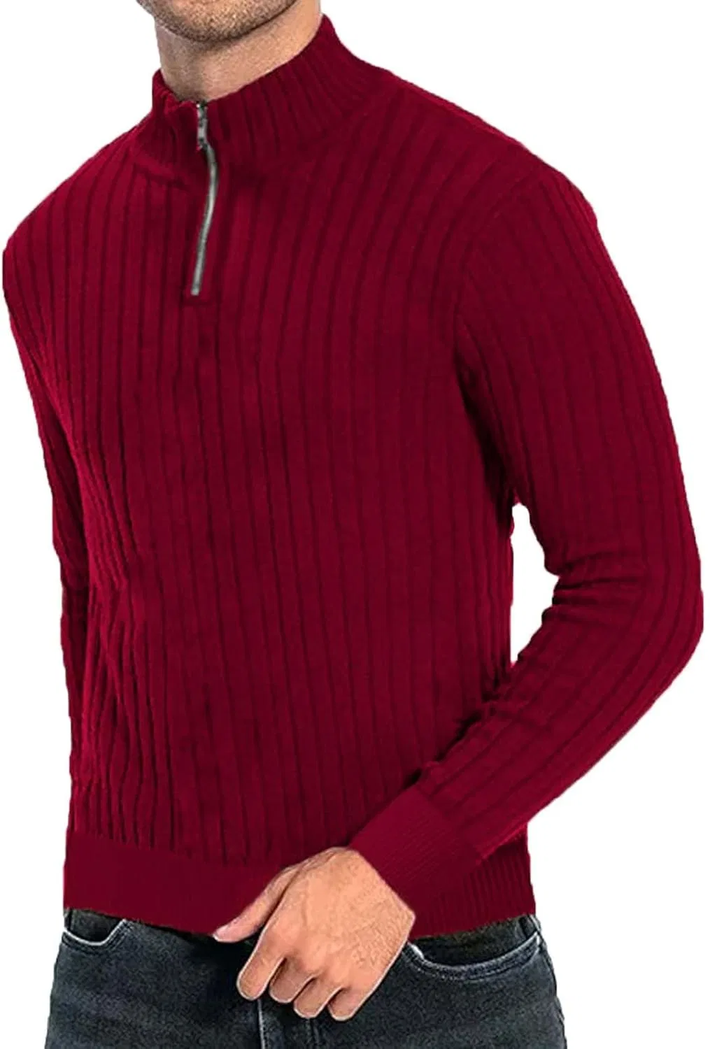 Мужская трикотажная рубашка slim fit с длинным рукавом и молнией, Wine