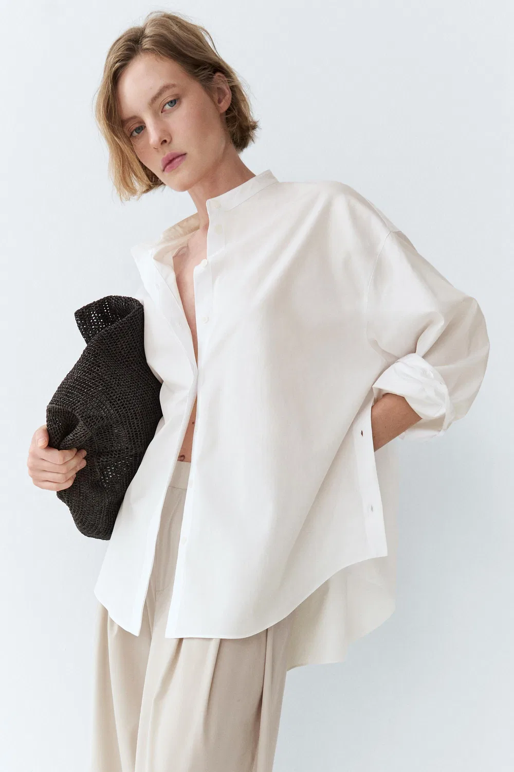 Рубашка Massimo Dutti Poplin With Stand Collar, белый — фото 4
