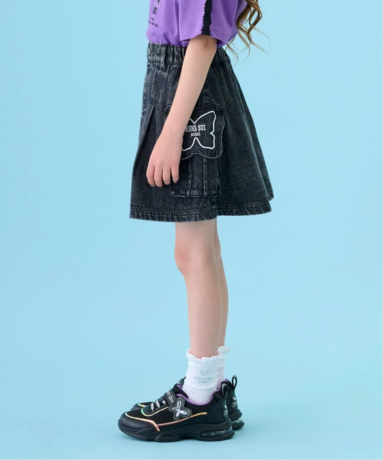 Детские джинсовые шорты-юбка с бабочками для девочек ANNA SUI mini, Blue — фото 2