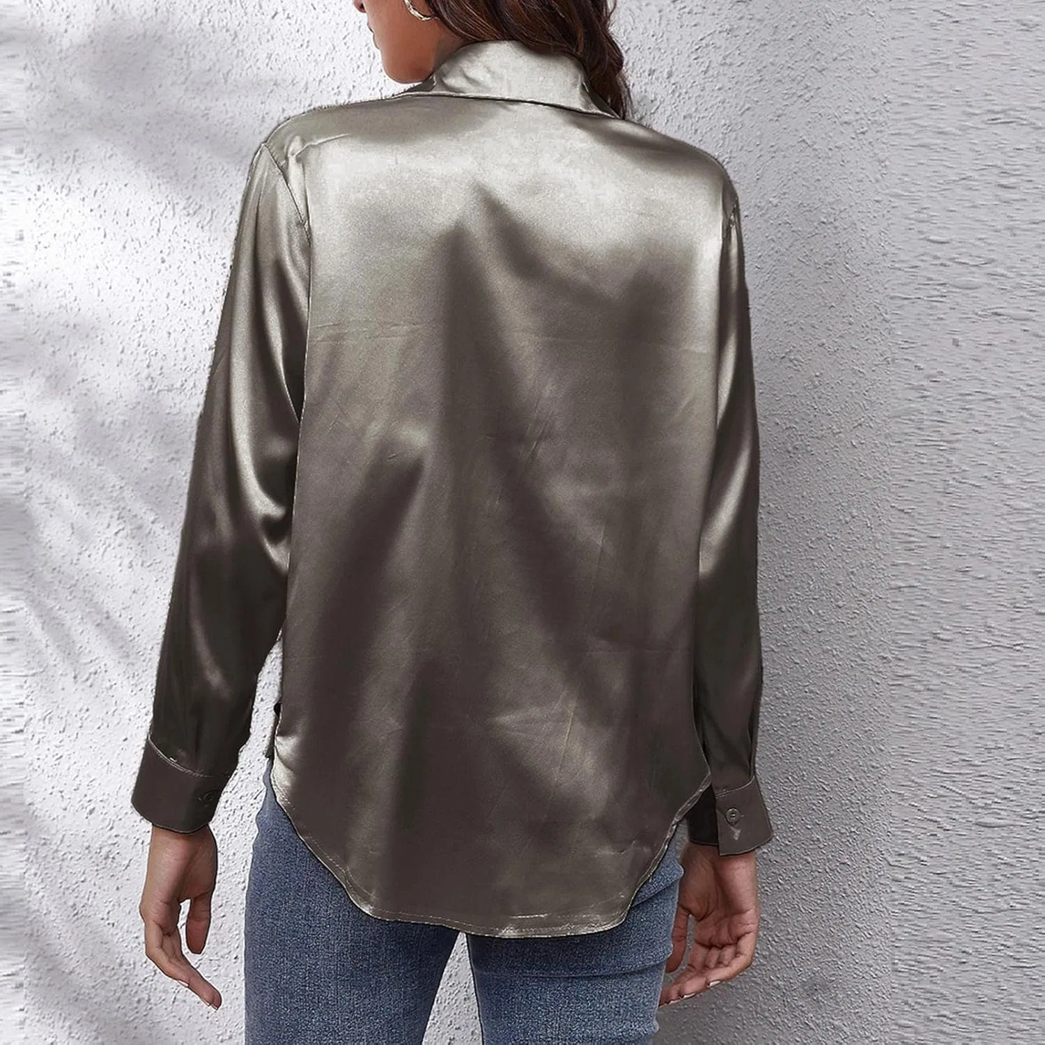 Блуза атласная с длинным рукавом Satin Shirt, серо-желтый — фото 4