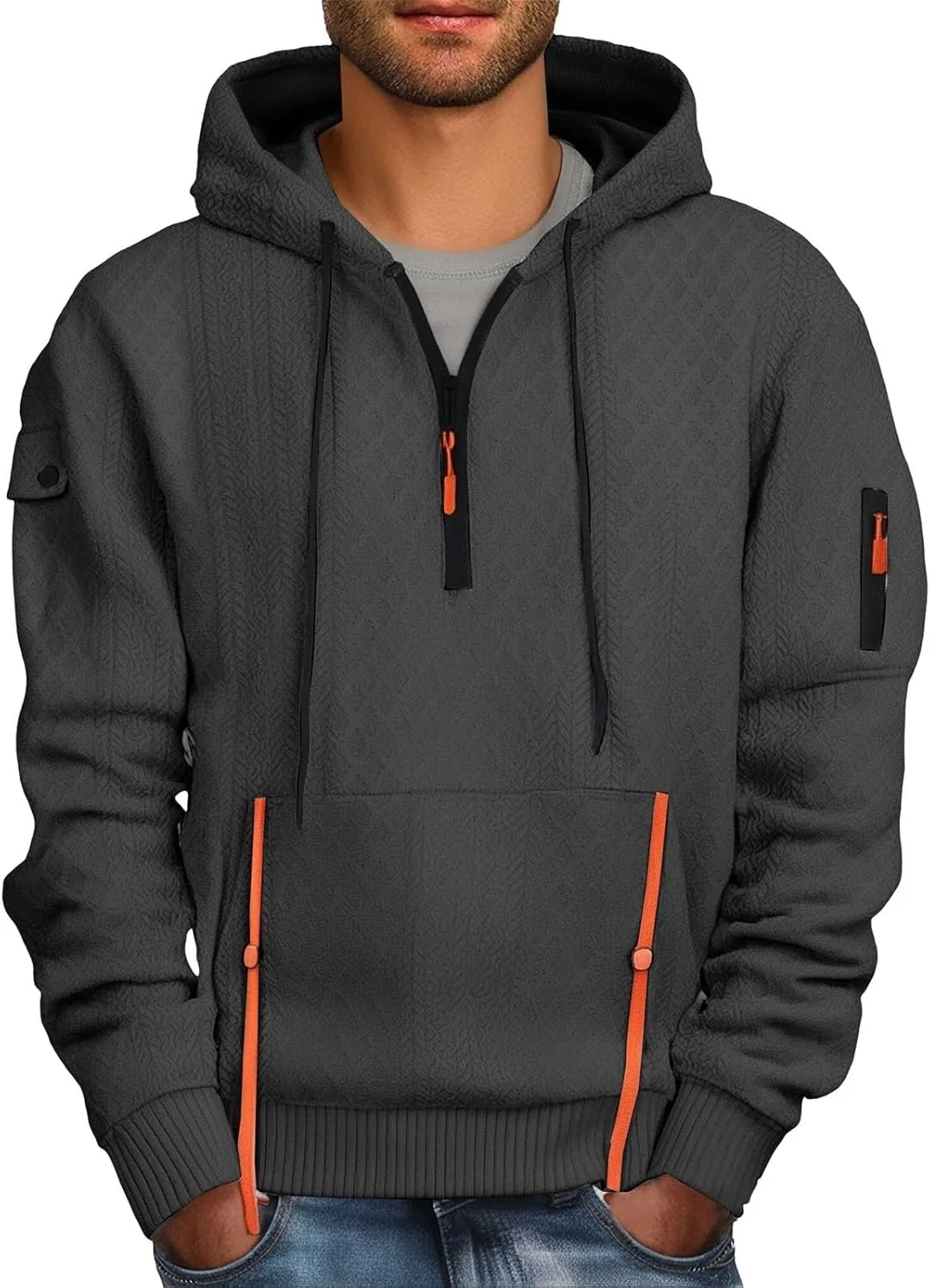 

Мужская толстовка с капюшоном и молнией на четверть — оверсайз, тактический стиль, функциональные карманы