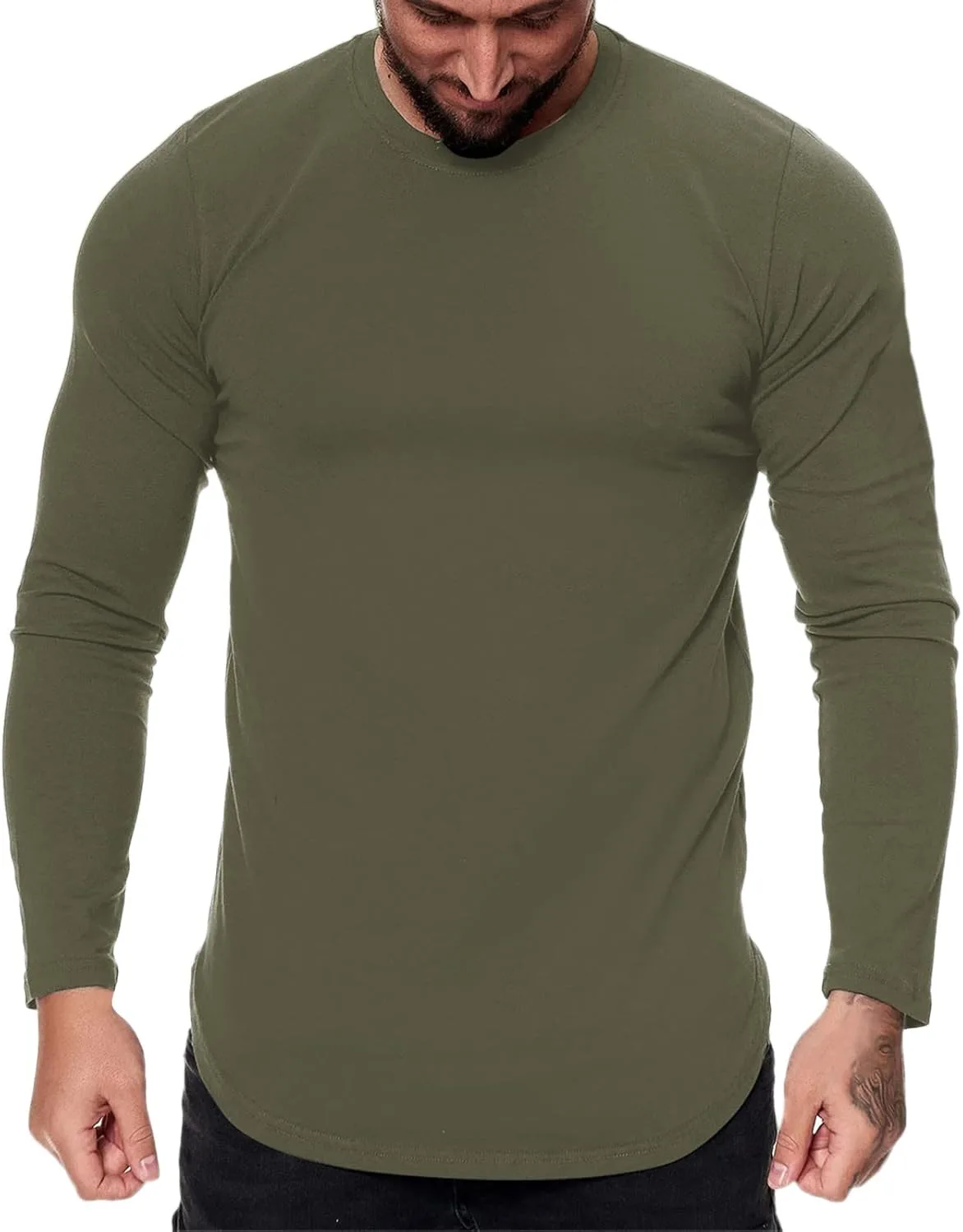 

Мужская футболка с длинным рукавом и закругленным подолом для спорта и активного отдыха