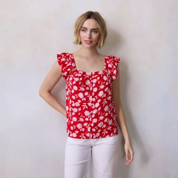 

Женская майка с защипами и оборками спереди Lc Lauren Conrad, цвет red francie floral