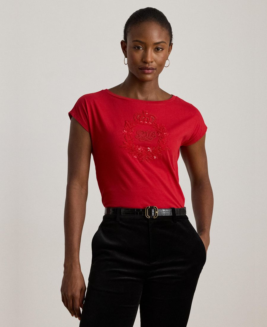 

Женская трикотажная футболка с вырезом-лодочкой и пайетками, размеры P/XS-XXL Lauren Ralph Lauren, Ralph Red