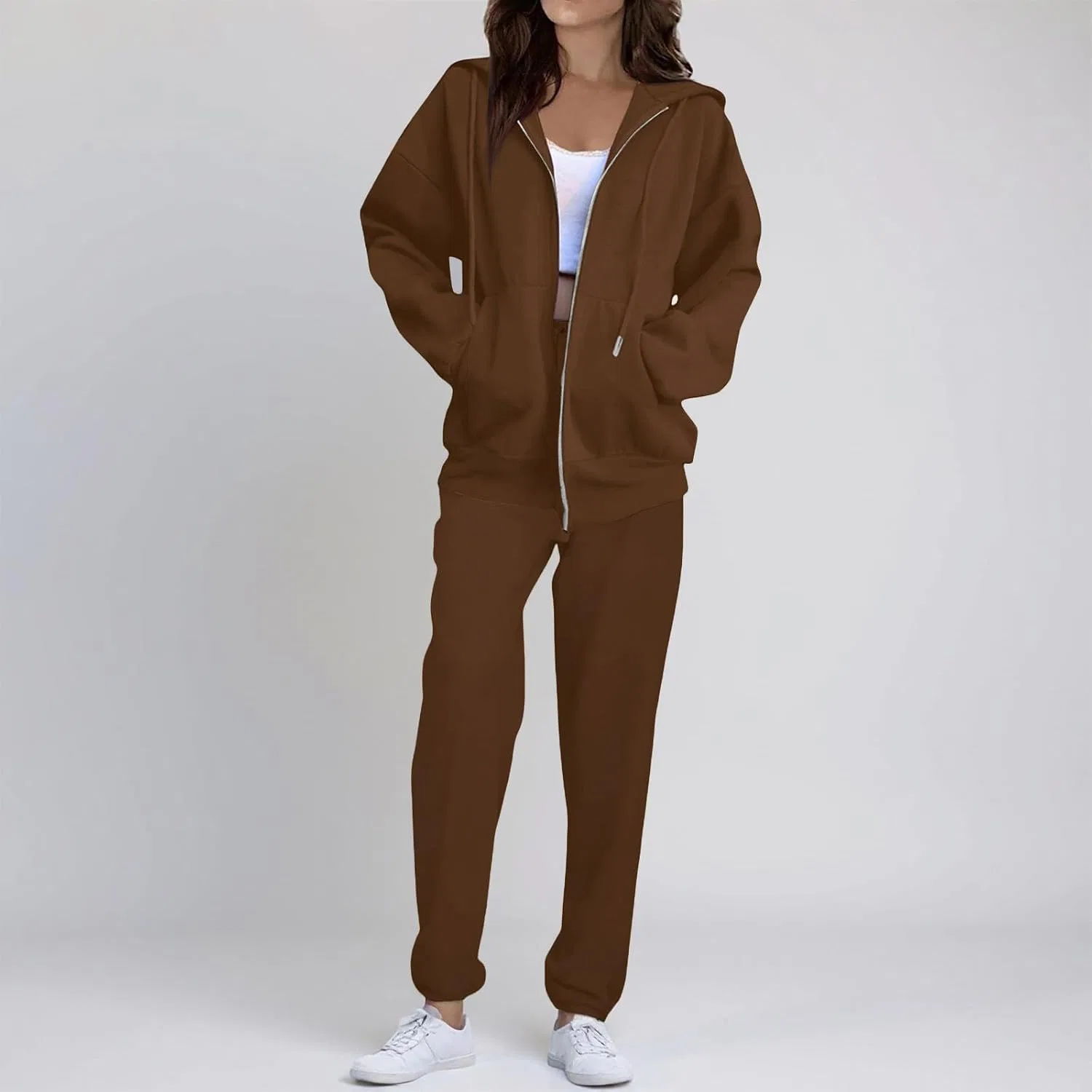 Женский спортивный комплект из худи и джоггеров, с молнией, K005- Brown — фото 2