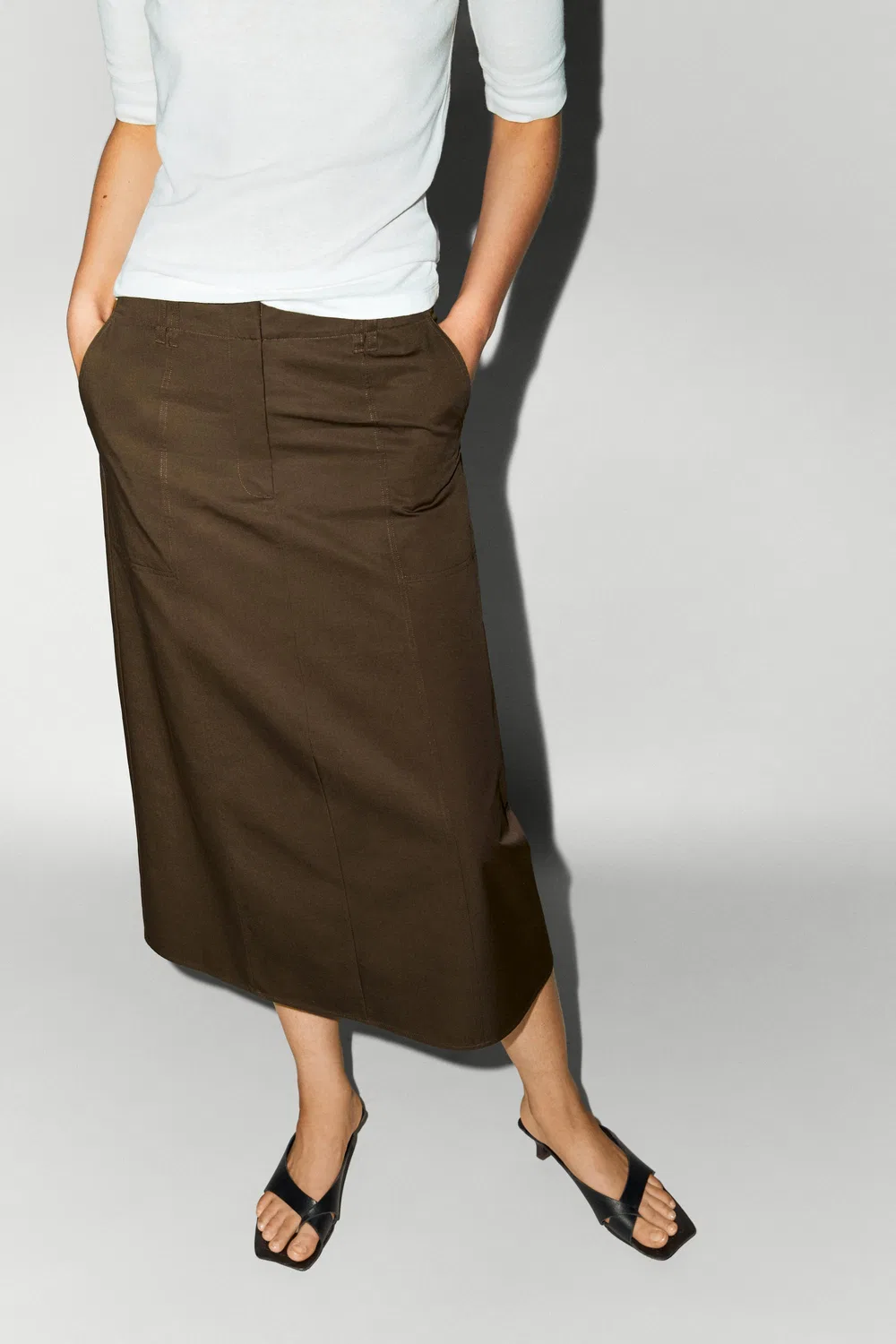 Юбка Massimo Dutti, миди-длина, из хлопка, коричневый — фото 3