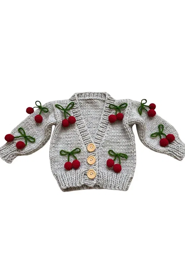 Детское вязаное пальто-кардиган для девочек с принтом Hand knitted cherry patterned baby girl cardigan El Örgüsü, Gray