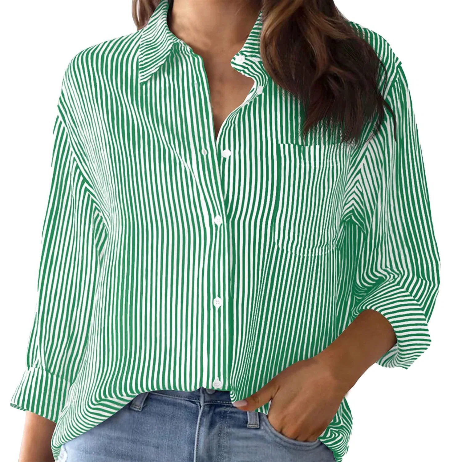 Женская рубашка с длинным рукавом в полоску Classic Elegant, Green — фото 4