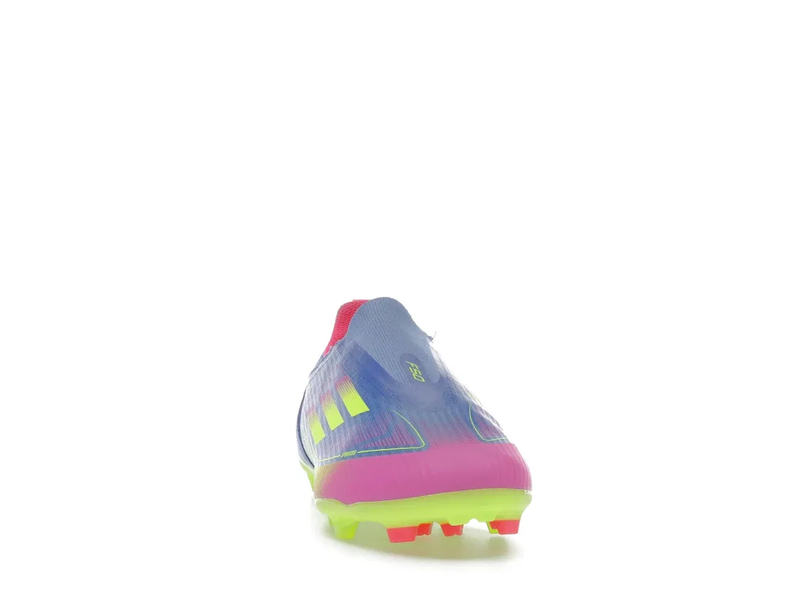 Детские бутсы без шнуровки Adidas F50 League Laceless FG/MG, Blue Fusion Lucid Lemon Lucid Pink — фото 2