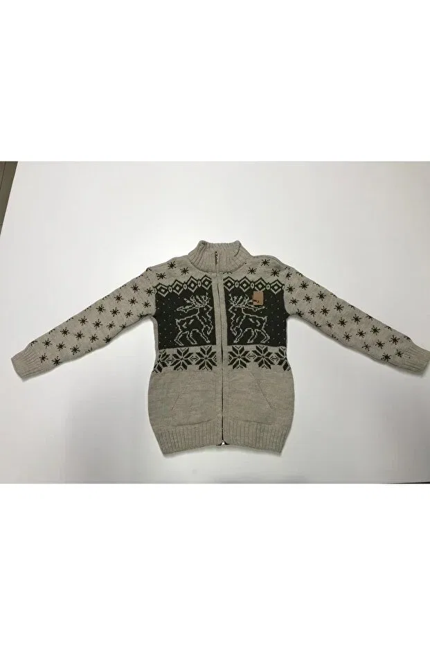 Детские свитшот-кардиган с принтом Winter Knitwear Patterned Judge Collar Zipper Pocket Boys Sweatshirt Cardigan Baby Slon Kids Clup, Ekruhaki