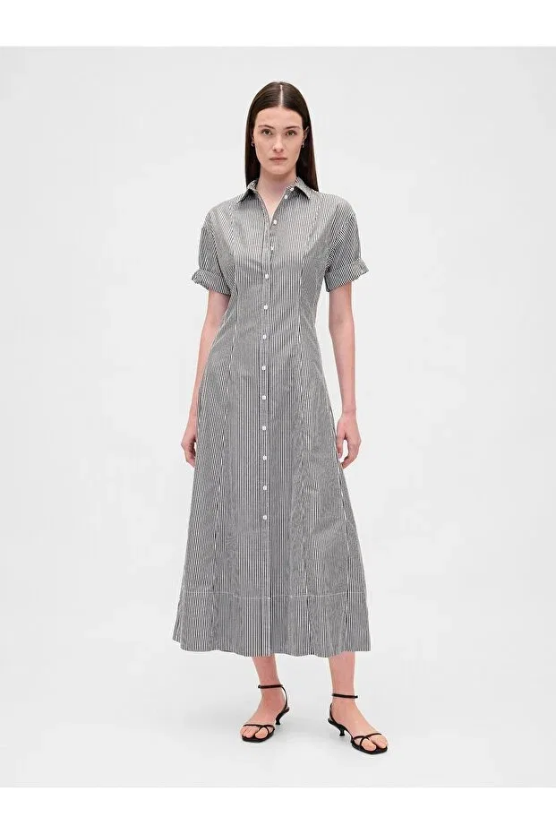 Женское платье-рубашка с коротким рукавом в полоску Gap, Black And White Striped