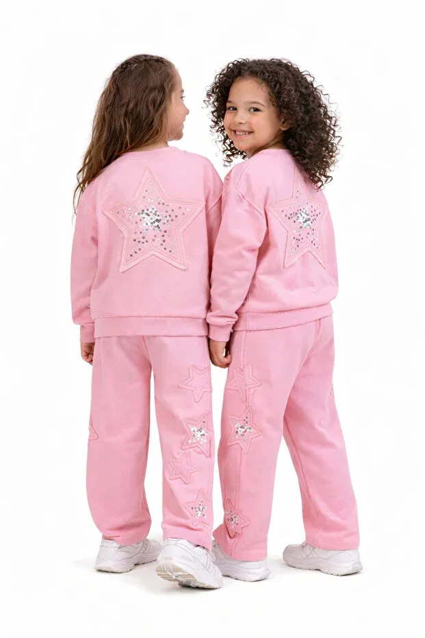 Детский комплект спортивного костюма для девочек с принтом Design Star Patterned Sequin Embroidered 3 Thread Moonbelle, Pink — фото 3
