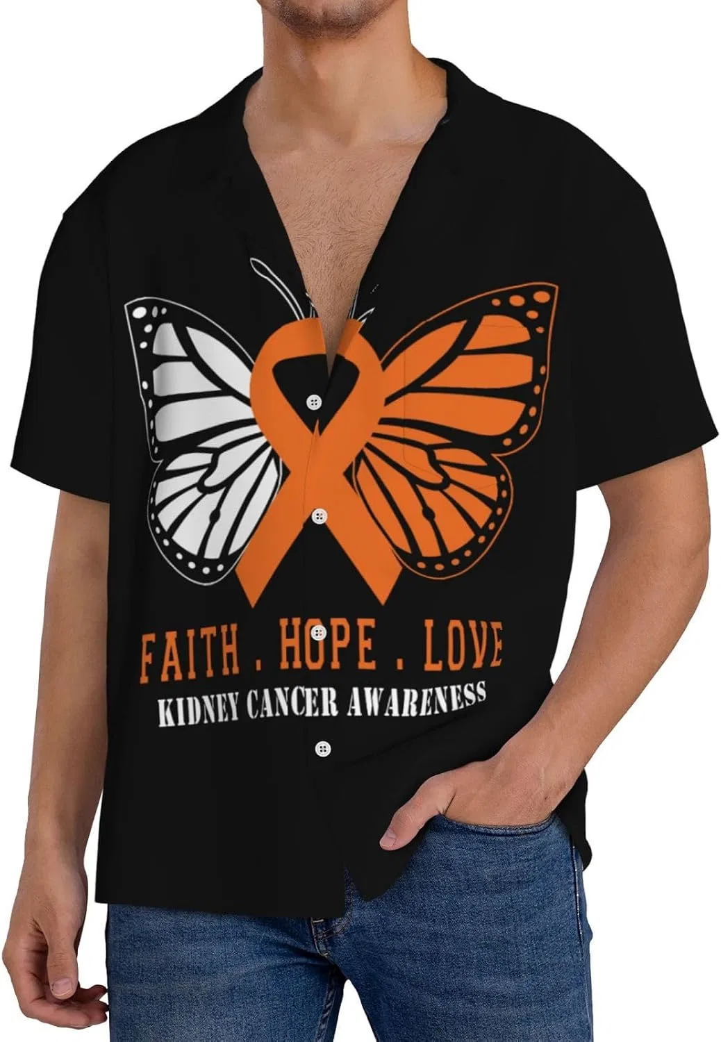 Мужская свободная рубашка с коротким рукавом Cuba collar Butterfly Cancer Awareness, Black