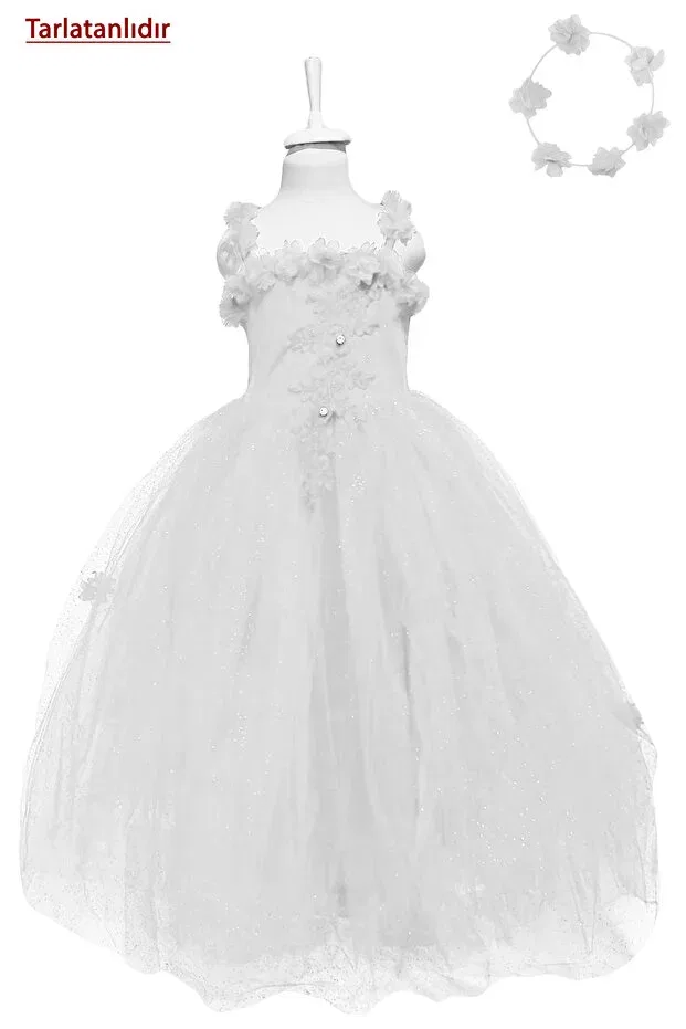 Детское платье для девочек с принтом Floral Glitter Printed Tartalan Children's Evening Dress Tulle Fluffy + Crown Mashotrend, White — фото 2