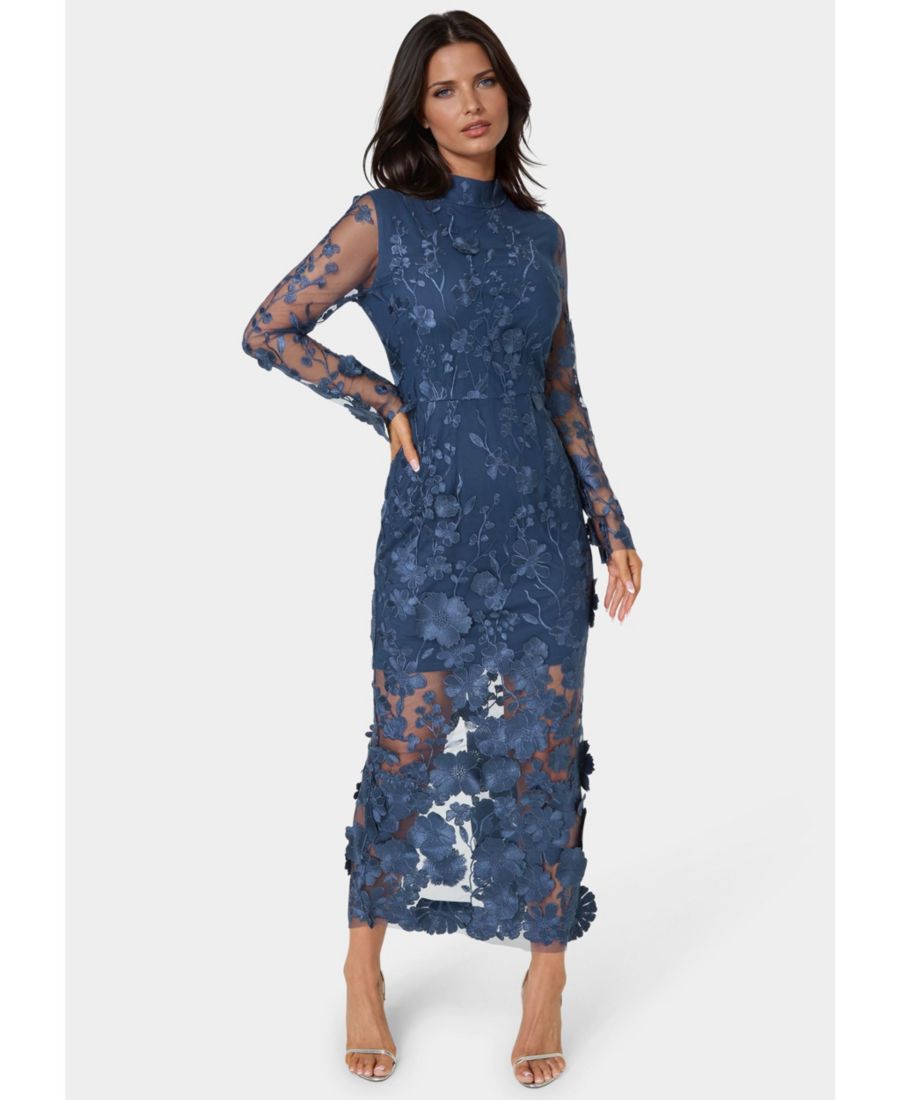 

Женское миди-платье с 3D-цветочным принтом и воротником-стойкой Bebe, Navy