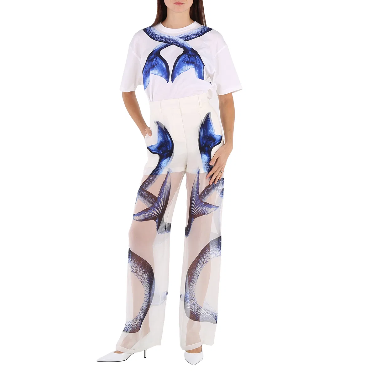 Брюки женские с принтом русалочий хвост Mermaid Tail Print Mulberry Silk Burberry, White Ip Pattern — фото 4