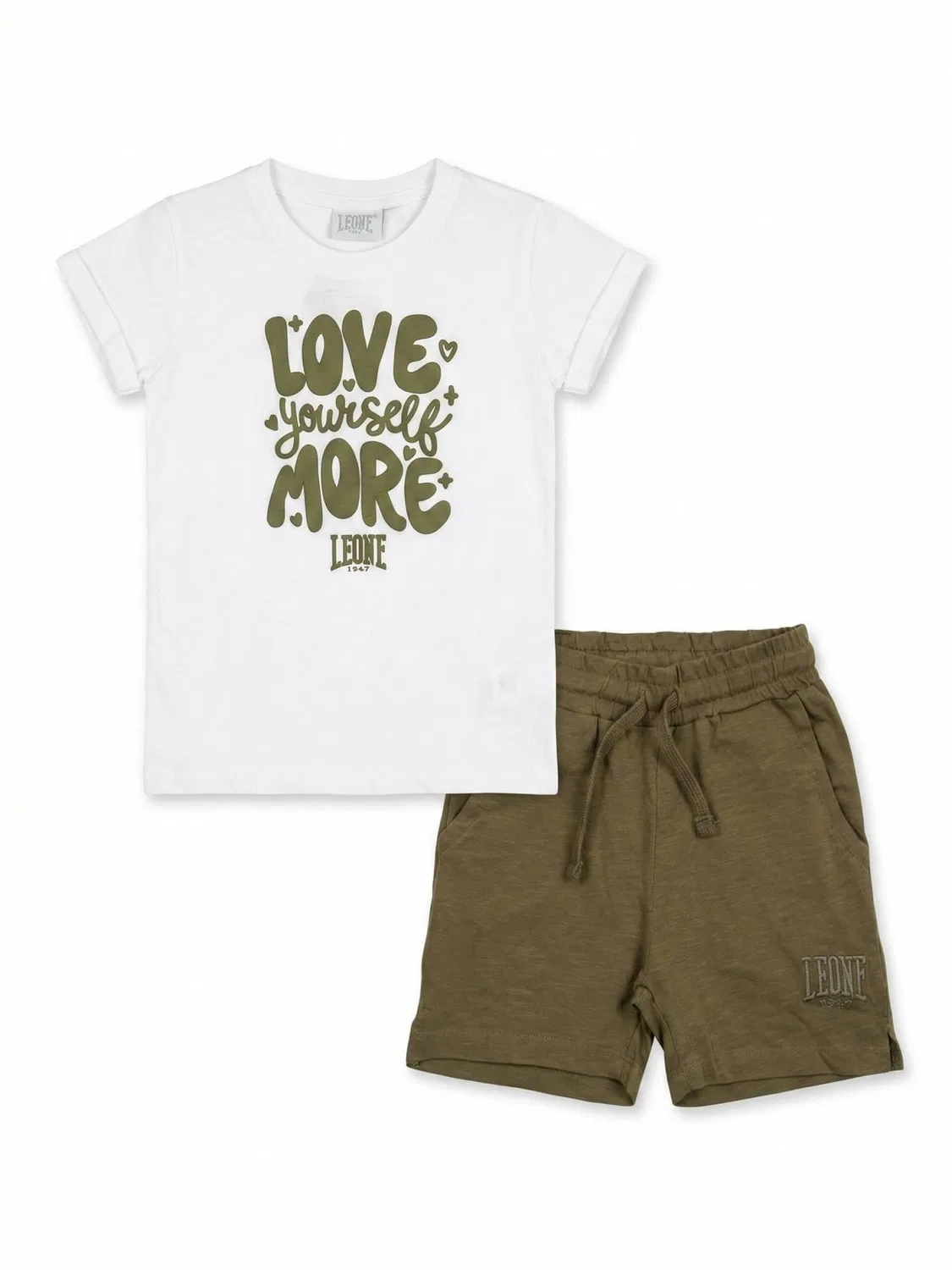 Детский комплект с принтом Love для девочек Love T-Shirt + Shorts Set Leone 1947 Apparel, Weiss / Dschungelgrun