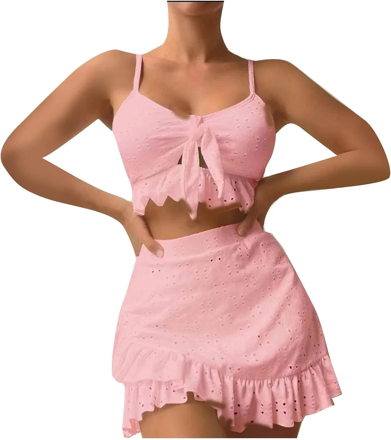 Женский бикини-сет с высокой талией Strappy Swim Top Slit Swim Skirt, Pink