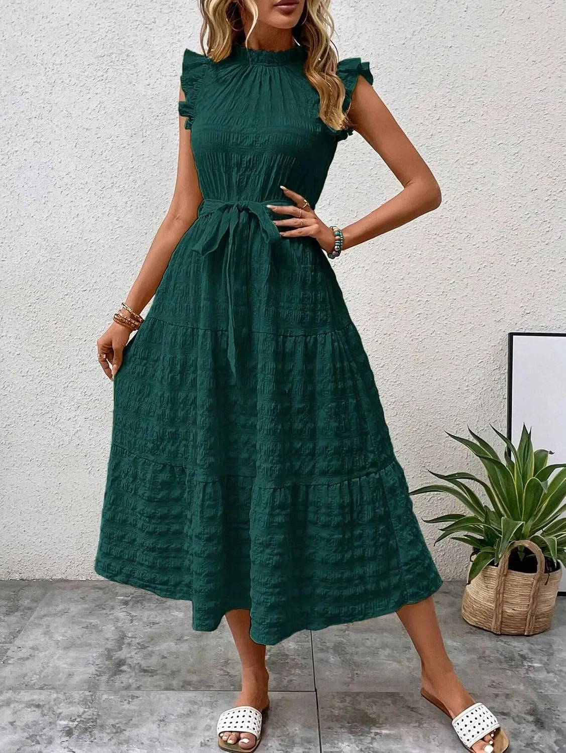 Женское платье миди с воланами и кружевным воротником Dark Green — фото 2