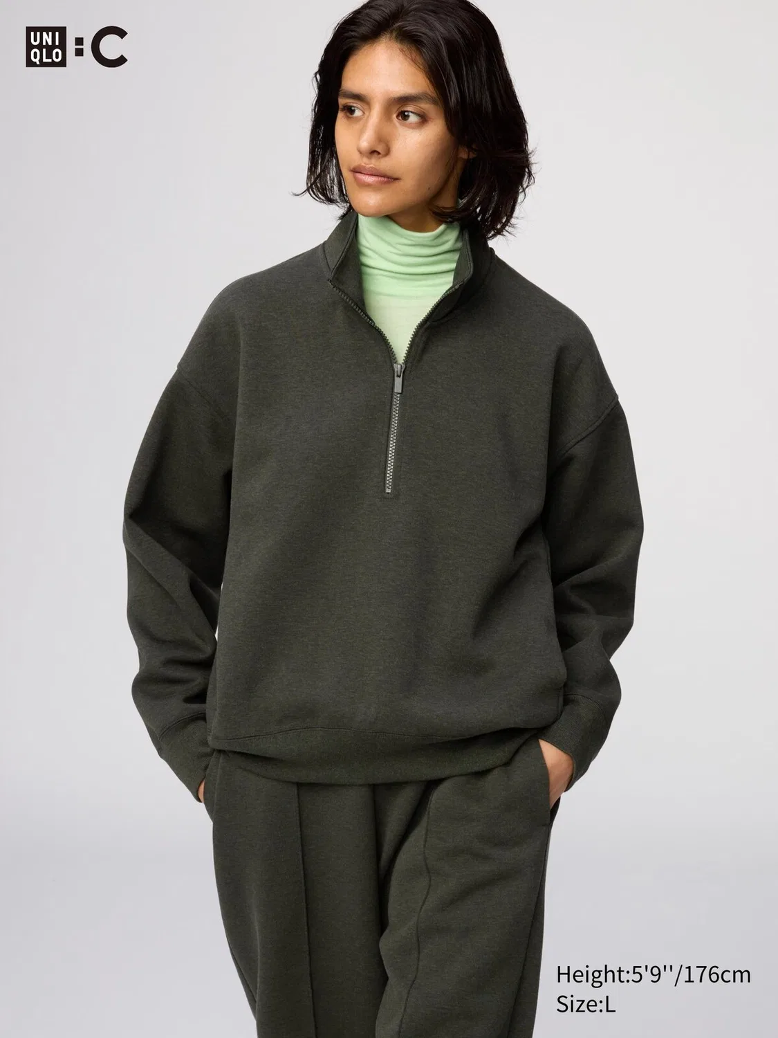 Толстовка Uniqlo, с застежкой-молнией до середины груди, темно-зеленый