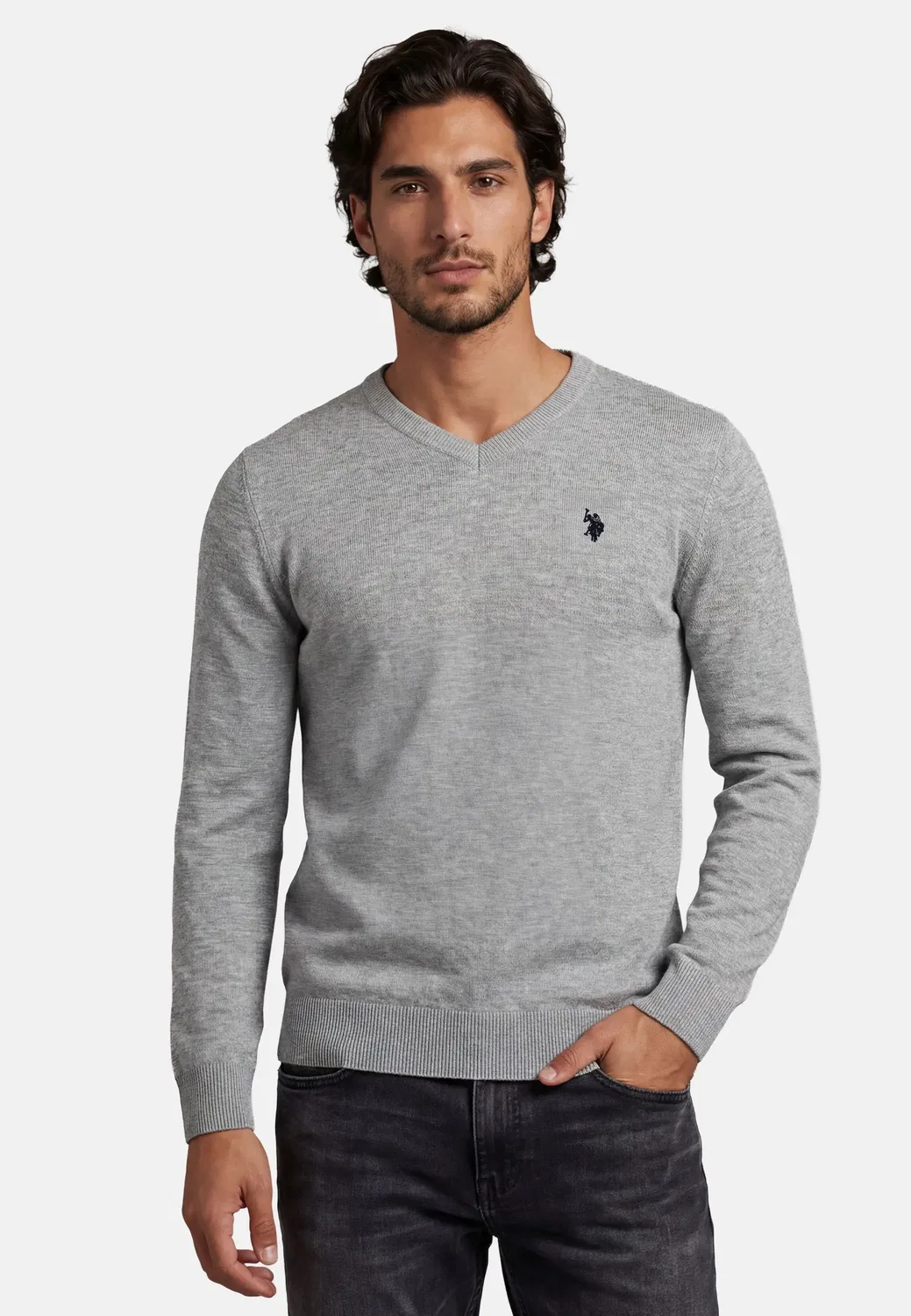 Мужской пуловер с V-образным вырезом классический U.S. Polo Assn., Grau-Navy — фото 2