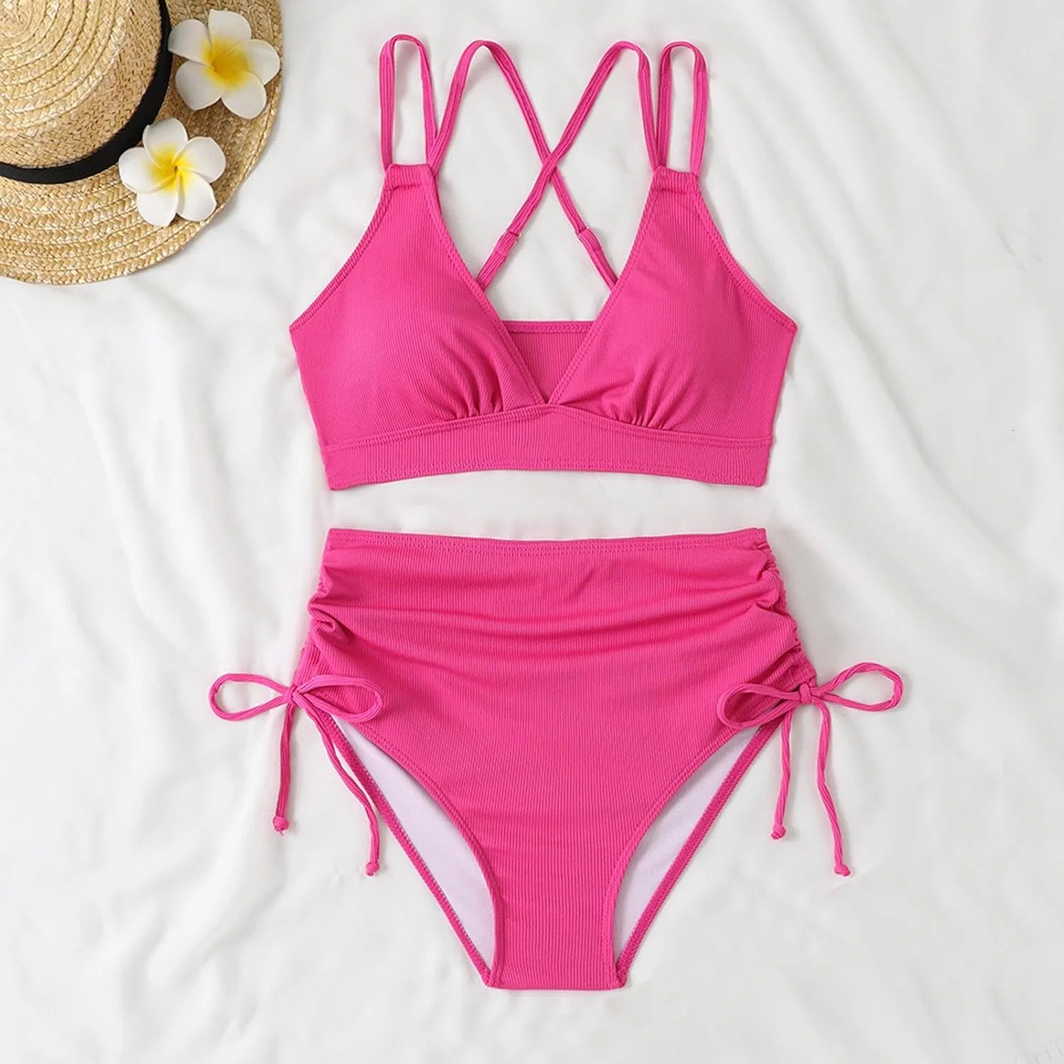 Женский бикини-сет с завышенной талией Ribbed, A01 Hot Pink — фото 3