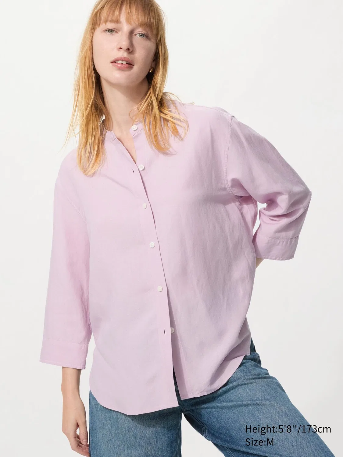 Рубашка Uniqlo, смесовая льняная ткань, воротник-стойка, рукав 3/4, фиолетовый