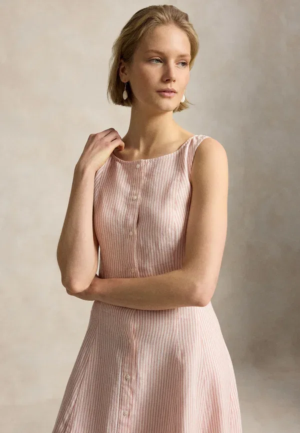 Платье рубашка из льна, полосатое, Striped paneled linen dress - shirt dress, Polo Ralph Lauren, mauve white, белый/сиреневый