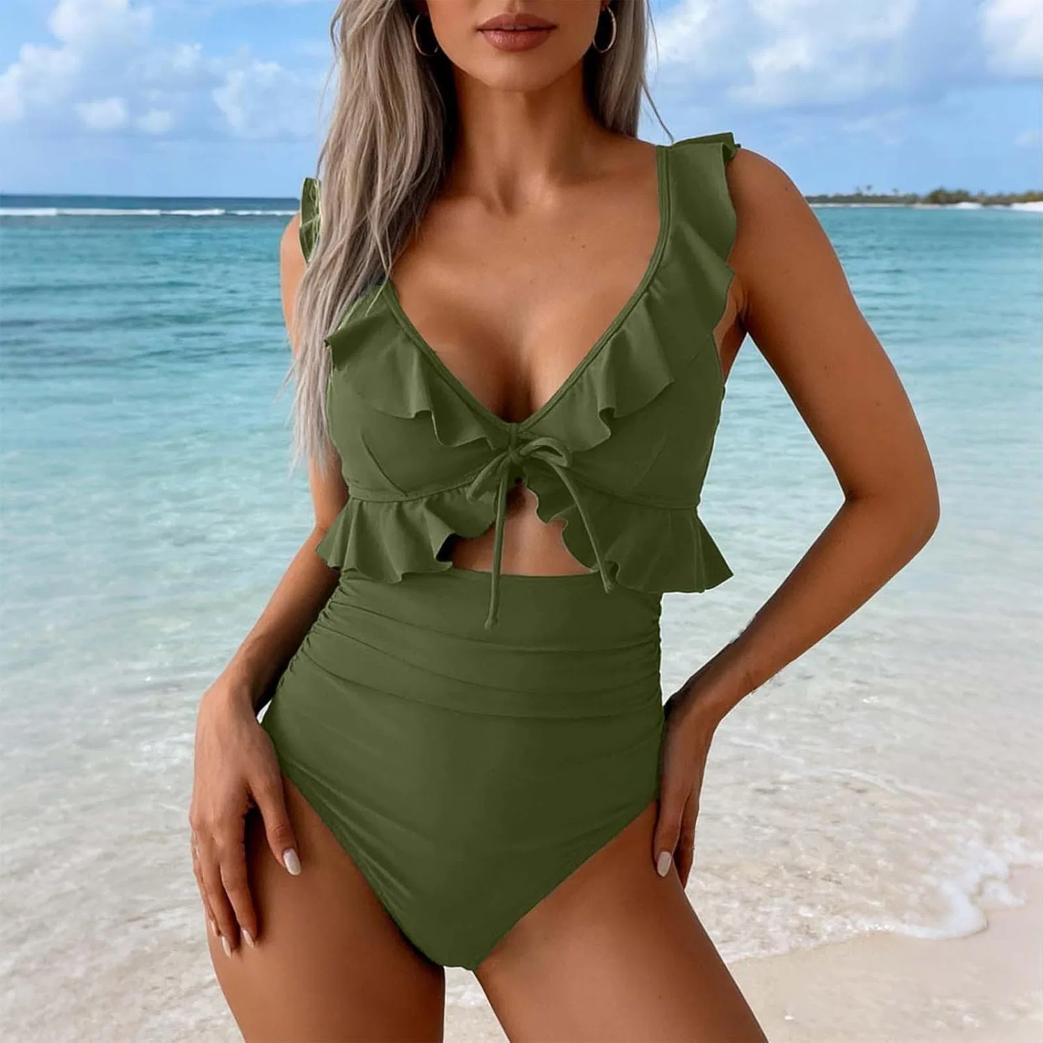 Женский слитный купальник с рюшами и вырезом Monokini, Army Green — фото 2