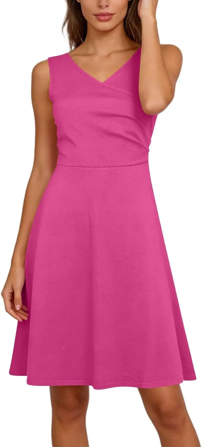 Женское летнее мини-платье А-силуэта V-образным вырезом, Hot Pink