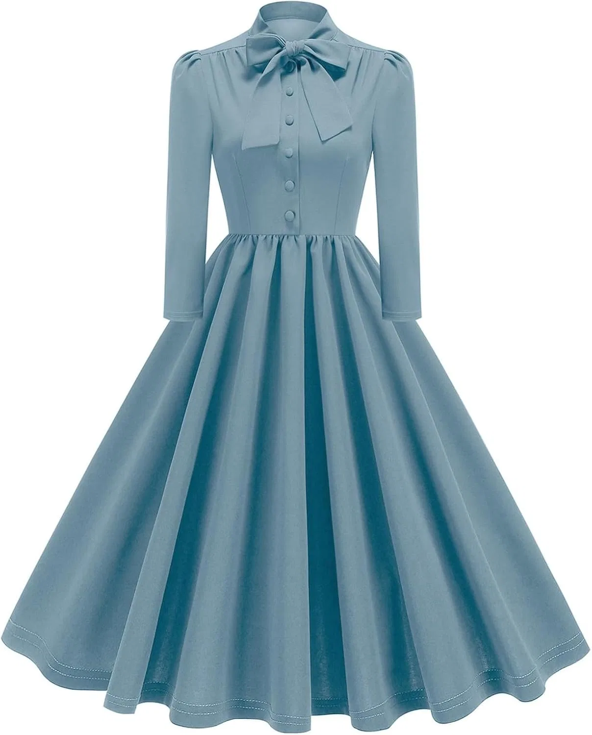 Женское платье-трапеция с драпировкой, рукав 3/4 колокол, Audrey Hepburn Style, светло-синий