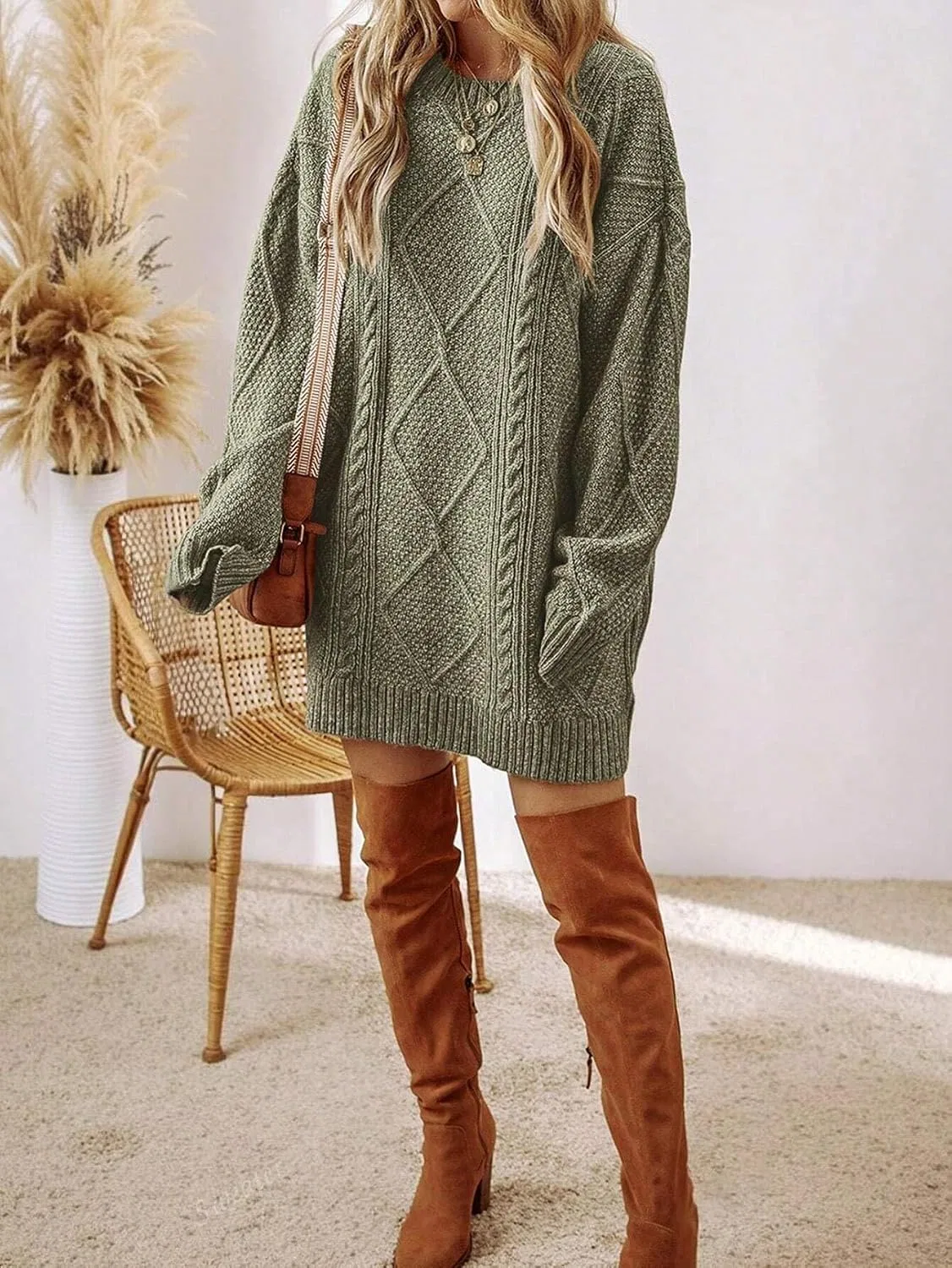 Женское свободное вязаное платье-свитер с косами, Army Green — фото 4