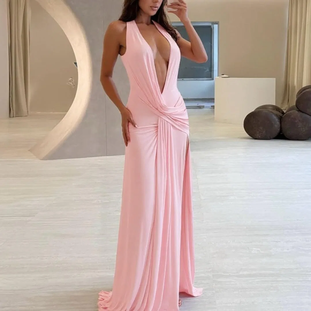 Женское вечернее платье макси с глубоким V-вырезом и разрезом, Pink — фото 2