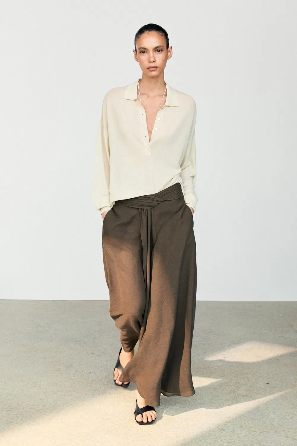 Юбка-шорты Massimo Dutti, полупрозрачные из смесовой льняной ткани, коричневый