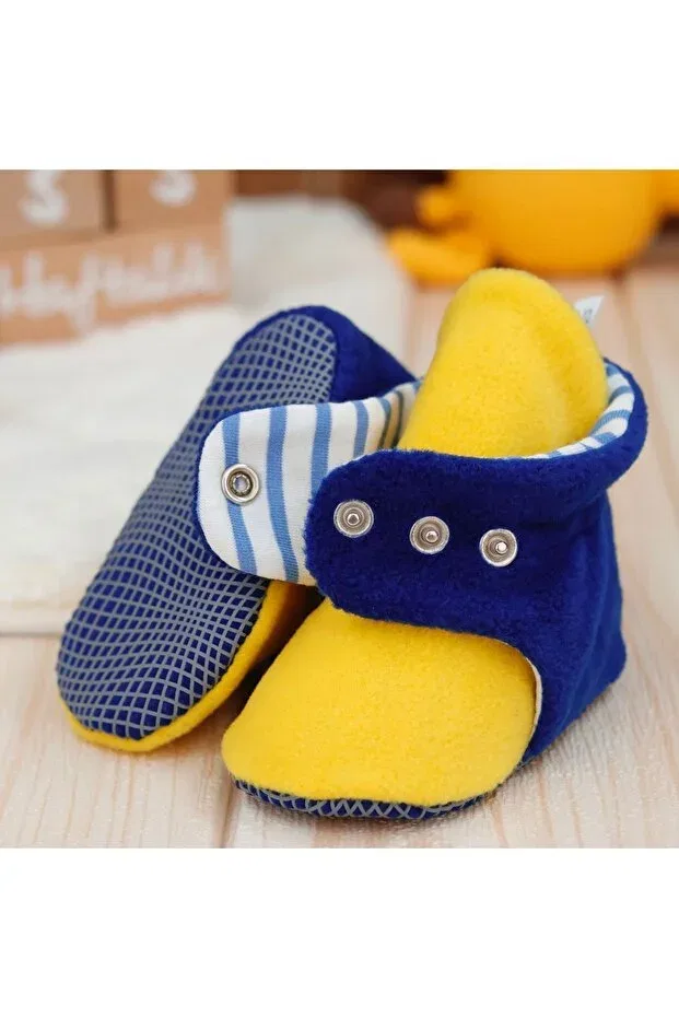 Детские тапочки для новорожденных хлопковые Non-Slip sole baby slippers ilkadım home booties anti-sweat organic cotton lined Ella Bonna, Yellow Navy Blue — фото 2