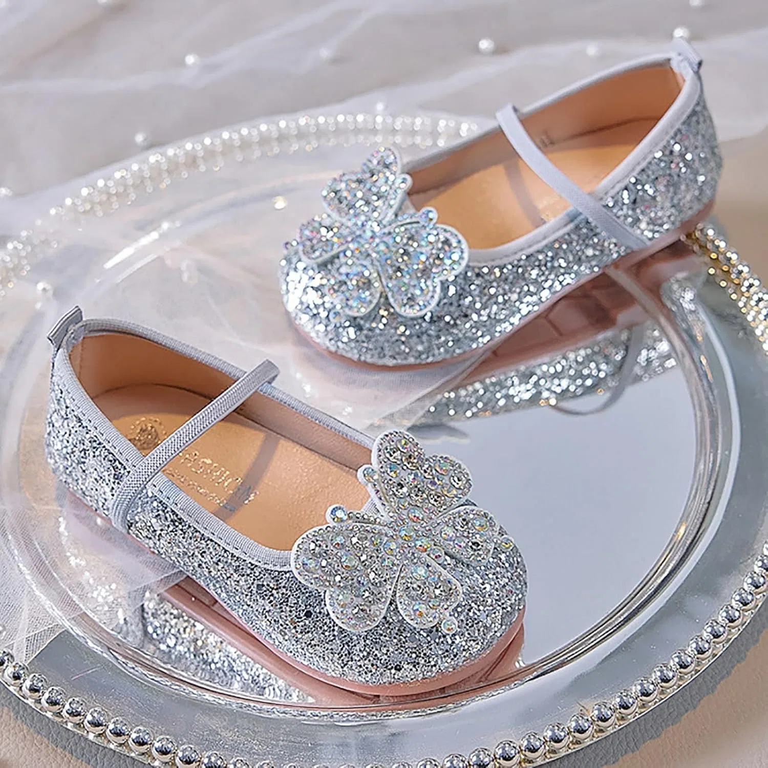 Детские туфли Мэри Джейн с блестками и бабочкой для девочек, Silver — фото 4
