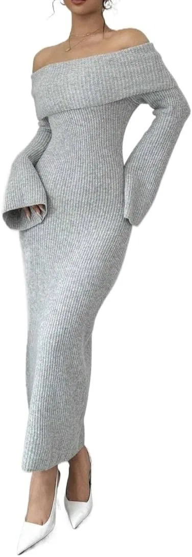 Женское длинное платье-свитер оверсайз Off Shoulder, Gray