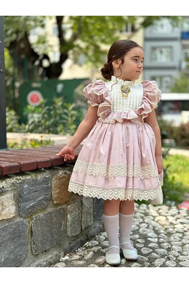 Детское платье для девочек кружевное Linarookids Masal baby girls' vintage dress, Pink — фото 4