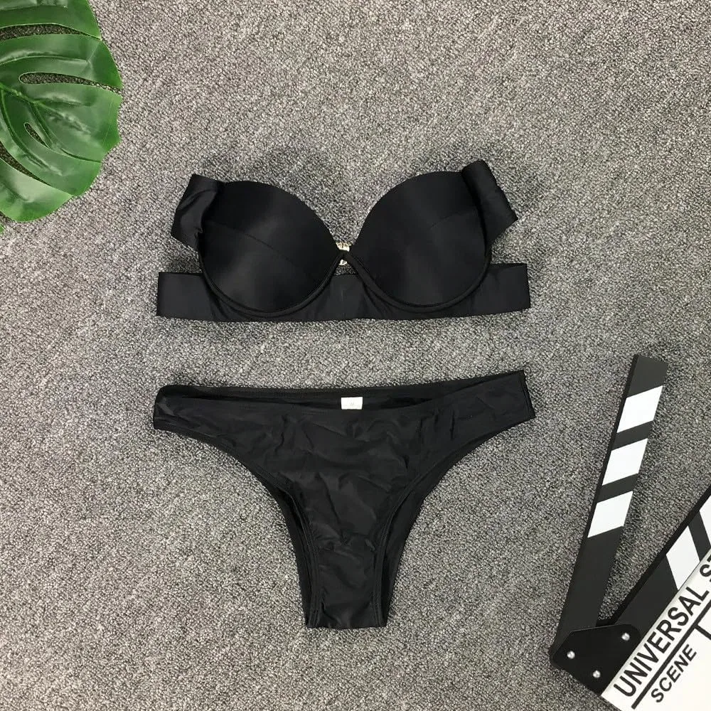 Женский бикини-сет с рюшами спереди и узлом, High Cut Swimwear, Black — фото 4