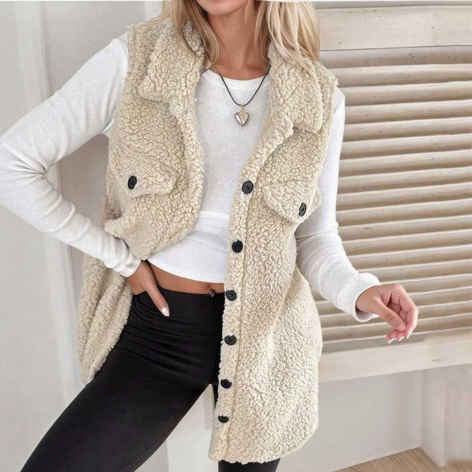 Женский кардиган с отложным воротником и жилетом на пуговицах, Beige — фото 2