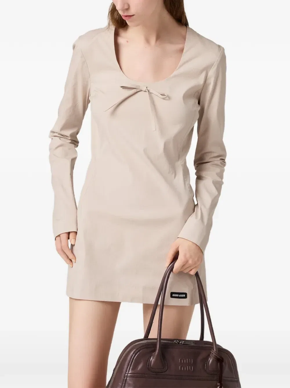 Эластичное мини-платье из поплина Miu Miu, бежевый — фото 4